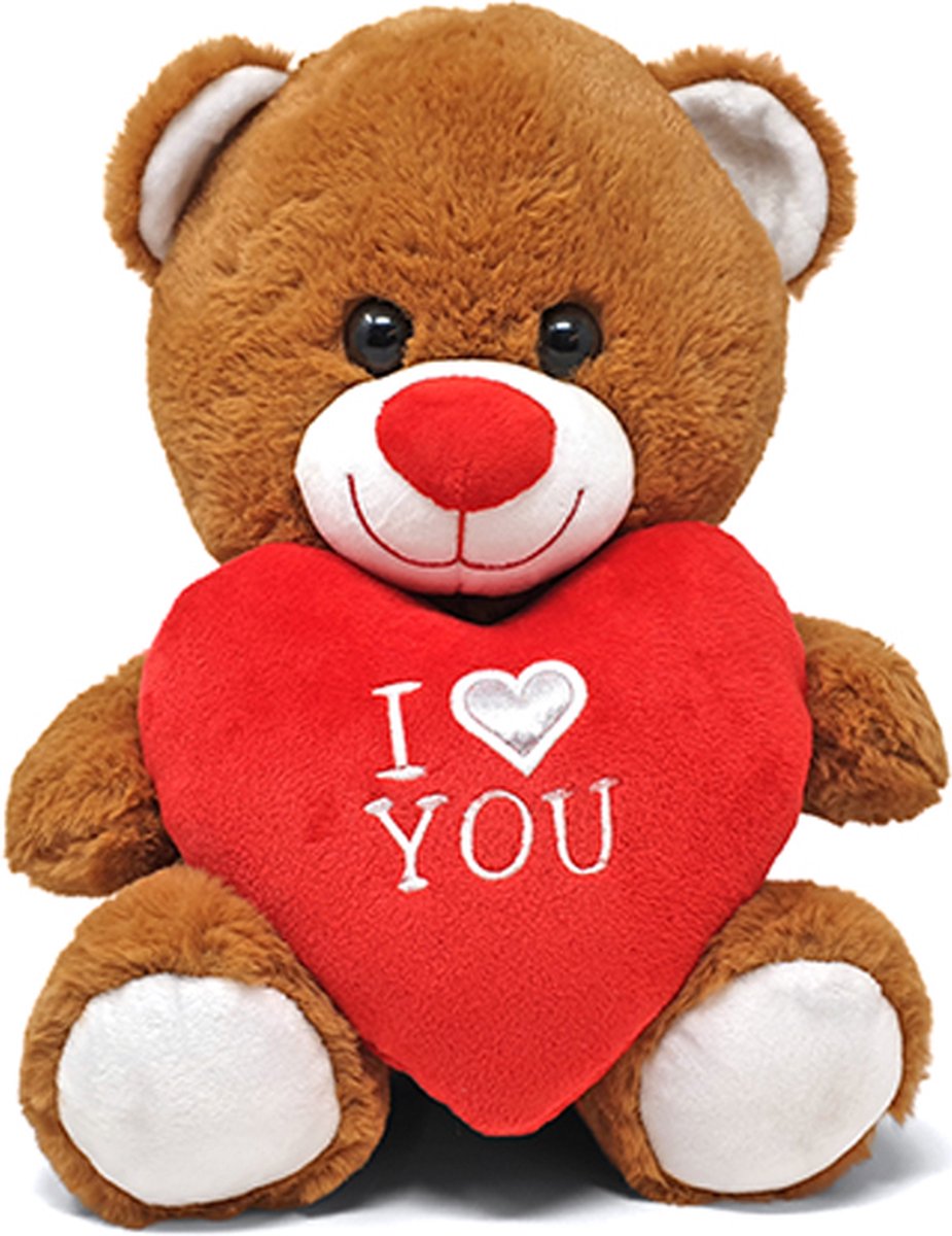 Teddybeer Cuddle (Bruin met Rood Hart) Pluche Knuffel 30 cm {Moederdag Knuffelbeer met Rood Love Hartje | I Love You / Ik hou van jou Cadeau | Valentine Valentijnsdag Moederdag kado rozenbeer rozen beer kado}